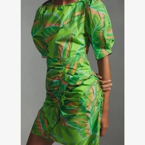 Farm Rio Anthropologie Lime Green Puff Sleeve Mini Dress Tropical NWT Size S - Picture 4 of 10